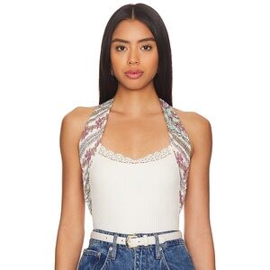 Free People Cream and Purple Embellished Cut Out Bodysuit